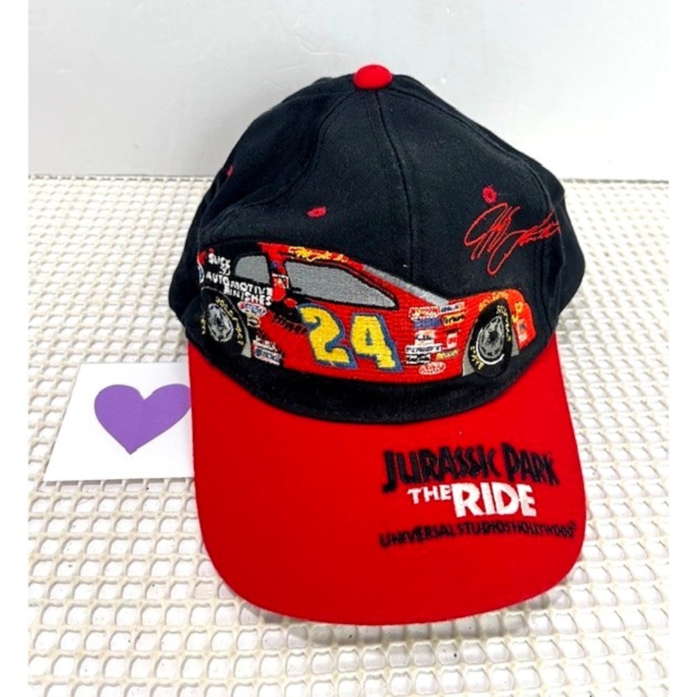 Vtg 90s hat Jurassic‎ Park Jeff Gordon red Cap Ride All Over Logo Movie Nascar
